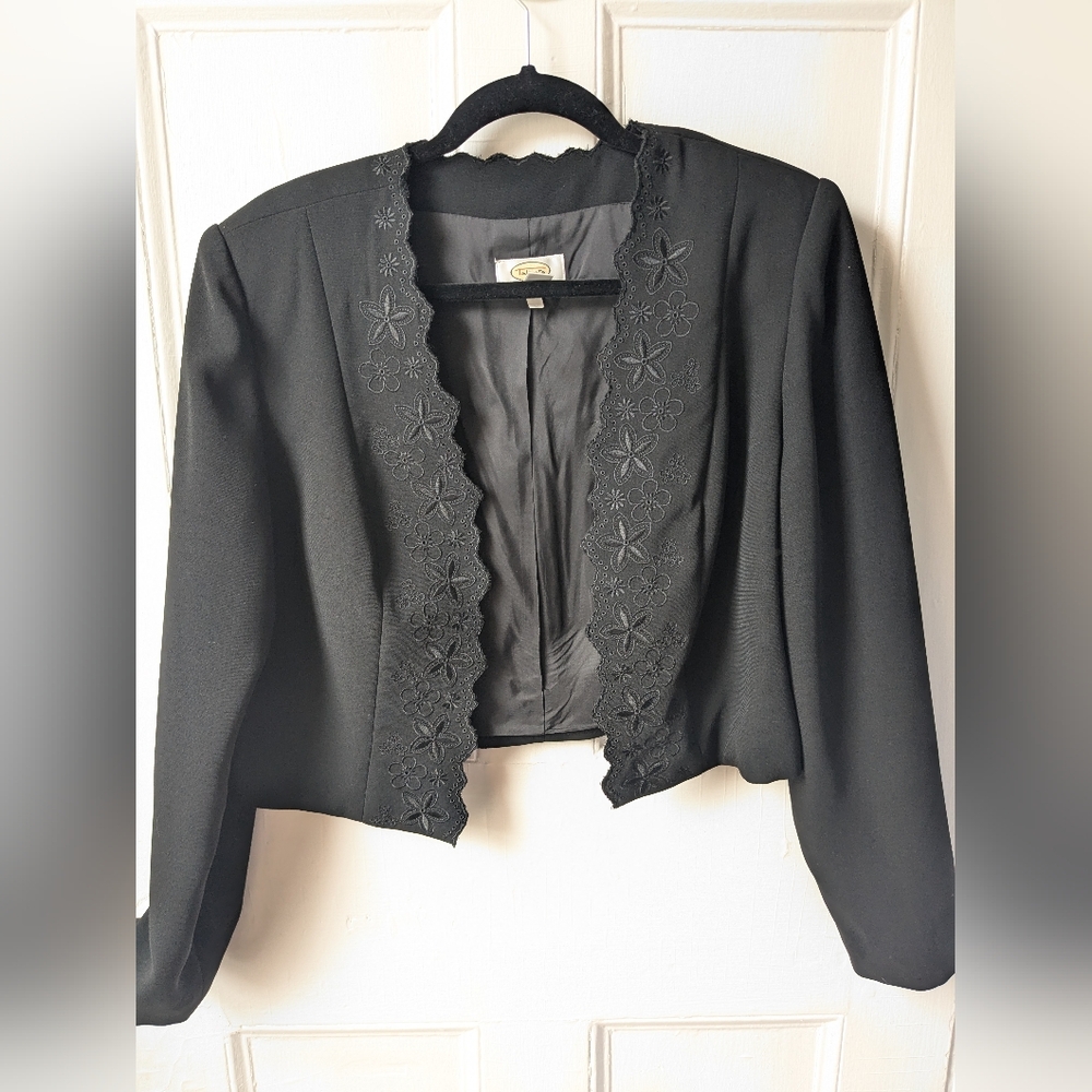 Vintage Talbots Embroidered Black Bolero Jacket - Size 12
